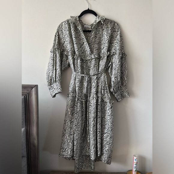 SANDRO 100 % SILK Salome belted zebra-print silk-twill dress - Small - Picture 6 of 16